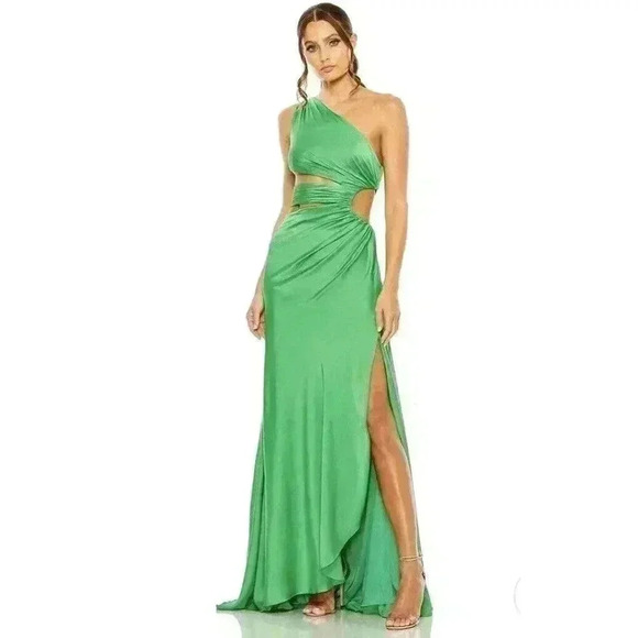 MAC DUGGAL Cutout Maxi Dress Green One Shoulder Satin Party Gown Prom 2 XS 68485 - Picture 2 of 9